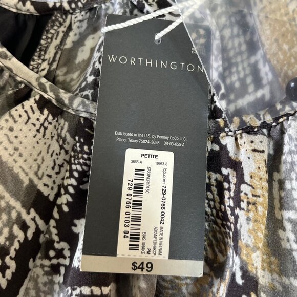 Worthington Snake Print Blouse Shirt Womens PM Medium New Petite Gray Black - Picture 8 of 9